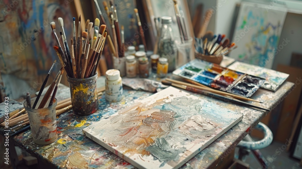 Fototapeta premium a creative artist's desk with blank space for a slogan. Includes paintbrushes, a palette, and watercolor paintings