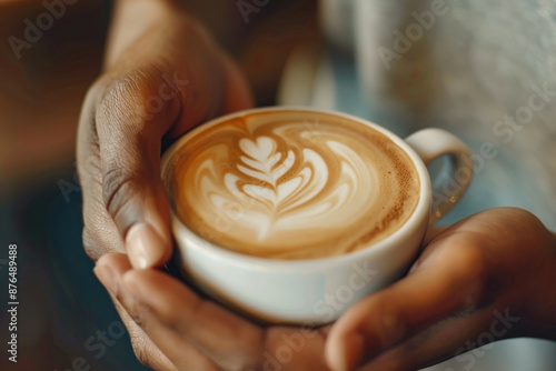 Title: Warm Morning Coffee with Latte Art. Close-up of hands holding a cup of coffee with intricate latte art design, perfect for morning relaxation and cozy vibes