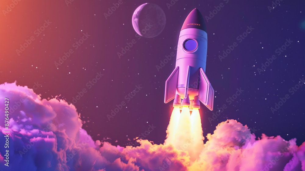 3d rocket flying in space. Spaceship rocket lunch on purple background. banner, 3d render illustration. 3d rocket flying in space. Spaceship rocket lunch on purple background. banner, 3d render illustration.