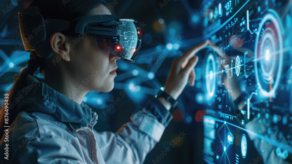 A woman wearing a VR headset interacts with a digital interface, navigating through a futuristic data visualization A woman wearing a VR headset interacts with a digital interface, navigating through a futuristic data visualization