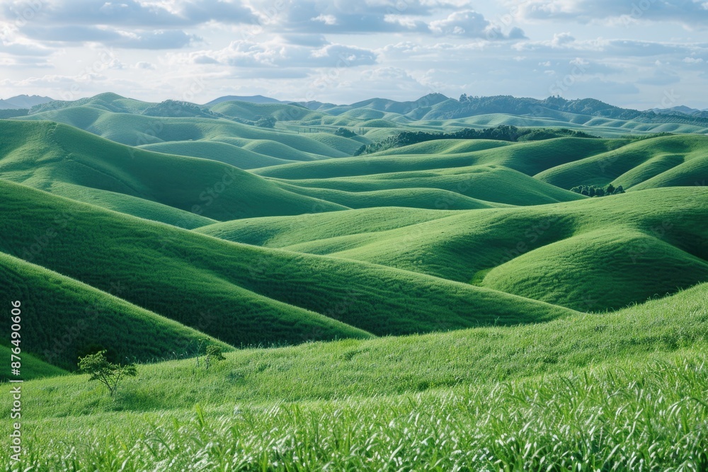 Fototapeta premium A serene landscape featuring a green field and hills in the background, suitable for use in outdoor-themed projects