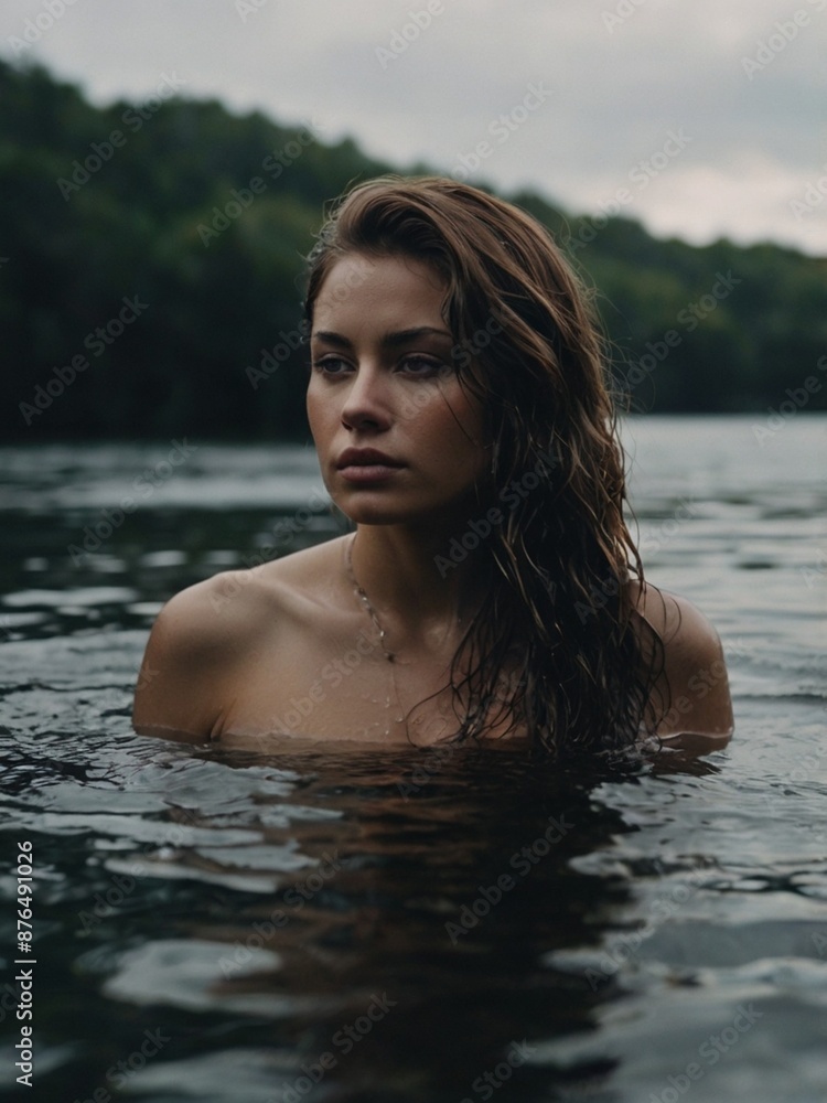 woman with dark hair bathes in the lake
woman with dark hair bathes in the lake