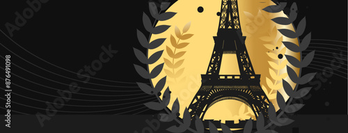 Paris , Eifel tower on the background of a golden moon, medal surrounded by a laurel wreath, victory - black vector background with empty space for text
