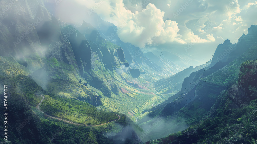A scenic view with a winding road leading into the distance, surrounded by towering mountains. A scenic view with a winding road leading into the distance, surrounded by towering mountains.