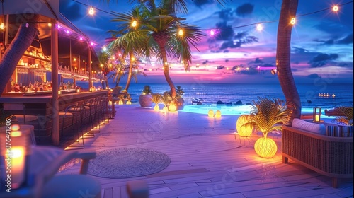 Fototapeta Naklejka Na Ścianę i Meble -  Night, blue-purple atmosphere, seaside, bar party, modern, high-end, coconut trees. Generative AI.