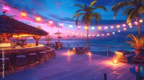 Fototapeta Naklejka Na Ścianę i Meble -  Night, blue-purple atmosphere, seaside, bar party, modern, high-end, coconut trees. Generative AI.