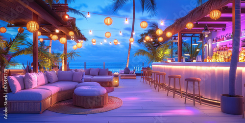 Fototapeta Naklejka Na Ścianę i Meble -  Night, blue-purple atmosphere, seaside, bar party, modern, high-end, coconut trees. Generative AI.