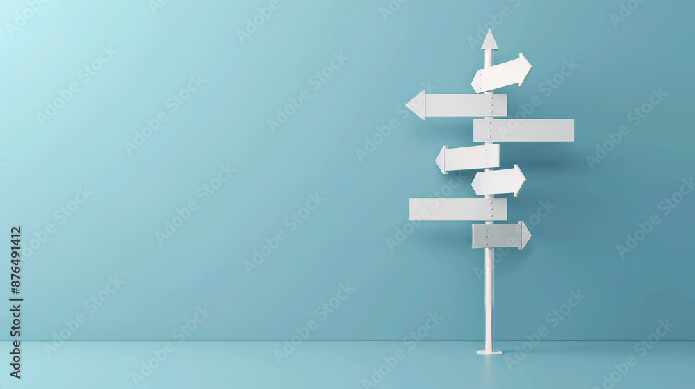Blue sign with white arrows points out different directions on a light blue background. Shows options for where to go at a crossroads. Simple design, 3D rendering.