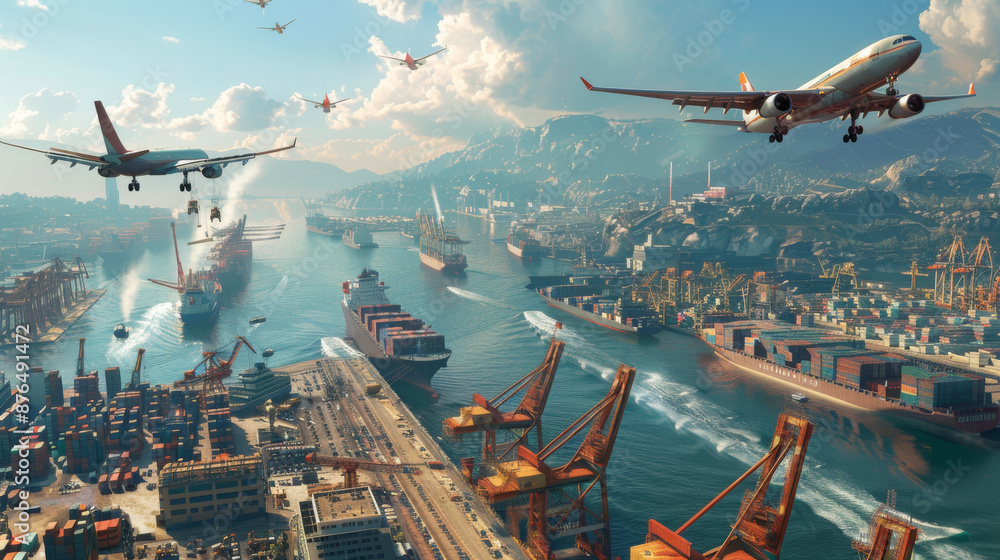 Naklejka premium Cargo planes fly over a ship port, handling imports and exports with efficient logistics. Cranes load cargo onto ships in the harbor.