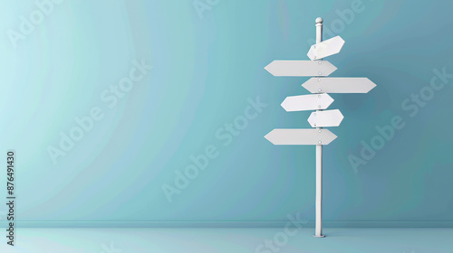 Blue sign with white arrows points out different directions on a light blue background. Shows options for where to go at a crossroads. Simple design, 3D rendering.