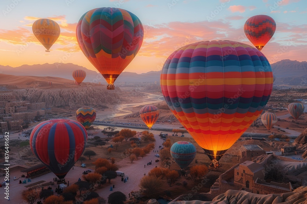 Naklejka premium Hot Air Balloons at Sunset. Generative AI