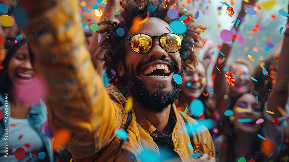 A man is smiling and holding his hands up in the air while surrounded by a group of people, generative AI A man is smiling and holding his hands up in the air while surrounded by a group of people, generative AI