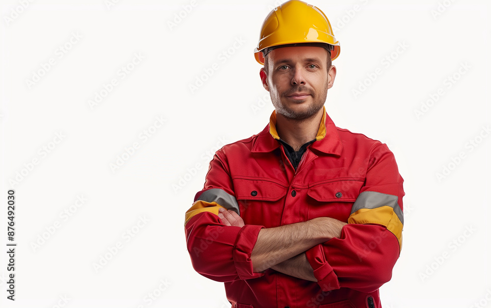 man in yellow helmet red ganola firefighter arms crossed white background man in yellow helmet red ganola firefighter arms crossed white background