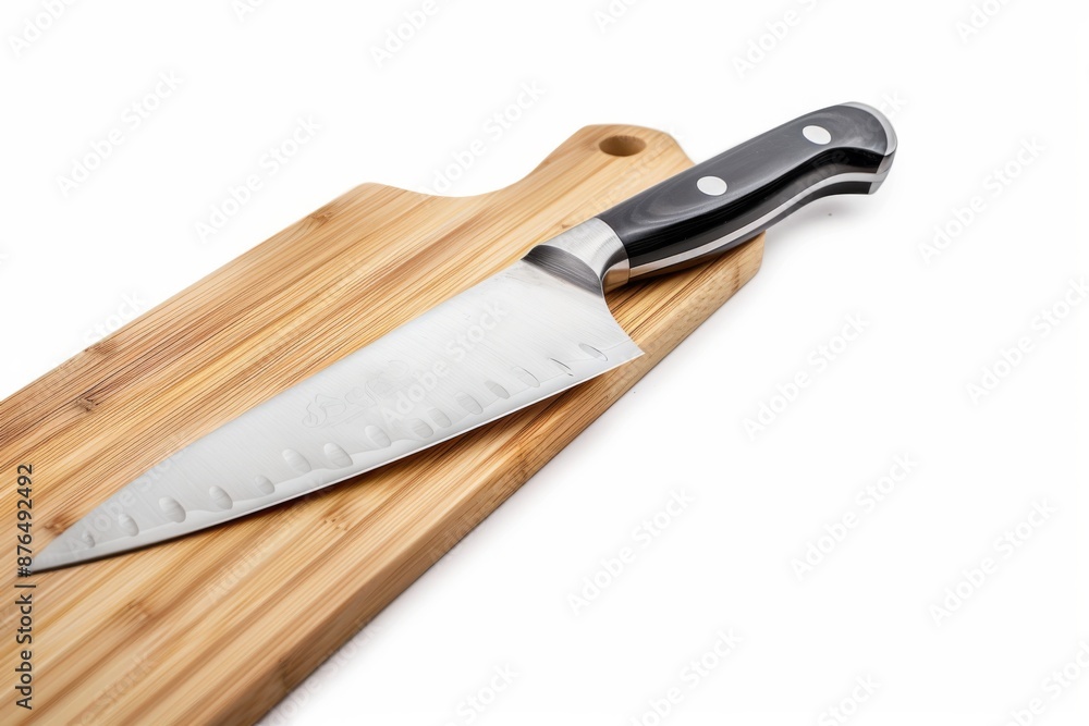 A sharp chef's knife lies on a worn wooden cutting board, ready for culinary mastery. The knife's blade glimmers in the light, awaiting its next task. A sharp chef's knife lies on a worn wooden cutting board, ready for culinary mastery. The knife's blade glimmers in the light, awaiting its next task.