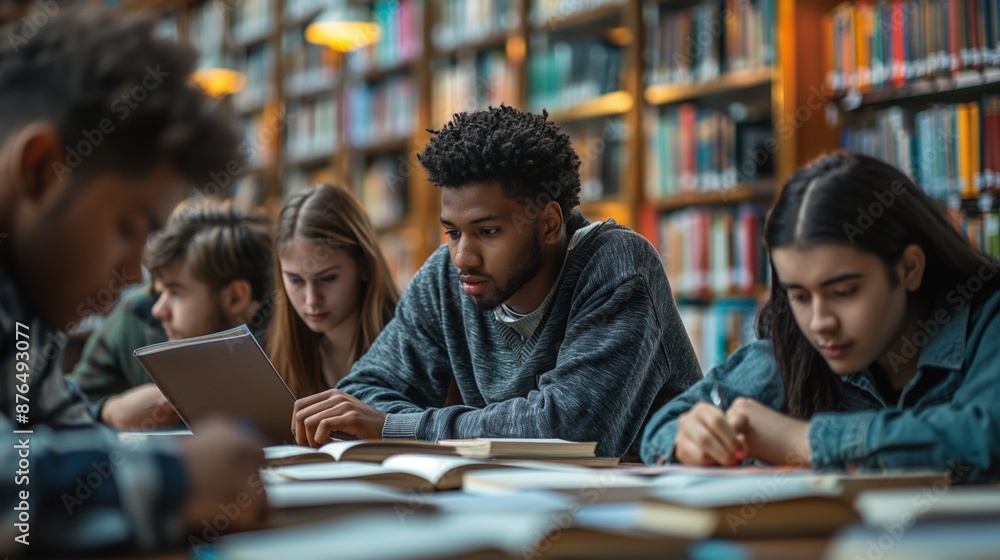 University students sitting together at table with books and laptop. Happy young people doing group study in library. University students sitting together at table with books and laptop. Happy young people doing group study in library.
