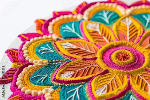 Intricate and colorful rangoli designs adorn the floor, symbolizing good fortune and joy during Holi festivities in Nepal. The close-up shot showcases the beauty of traditional Nepalese art. photo