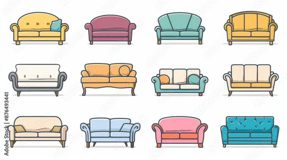 Sofa line icons. Furniture design. Collection of sofa illustrations. Modern furniture set isolated on a white background. Sofa line icons. Furniture design. Collection of sofa illustrations. Modern furniture set isolated on a white background.