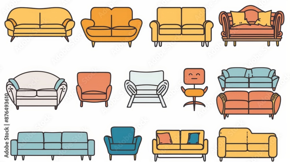 Sofa line icons. Furniture design. Collection of sofa illustrations. Modern furniture set isolated on a white background. Sofa line icons. Furniture design. Collection of sofa illustrations. Modern furniture set isolated on a white background.