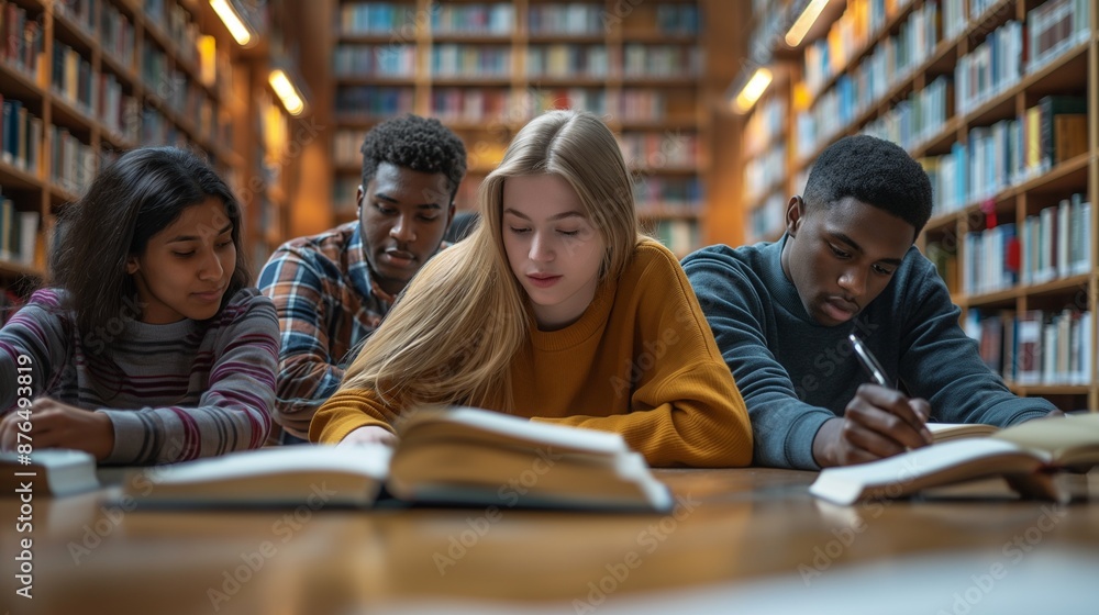 University students sitting together at table with books and laptop. Happy young people doing group study in library. University students sitting together at table with books and laptop. Happy young people doing group study in library.