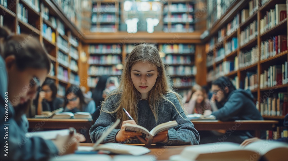 University students sitting together at table with books and laptop. Happy young people doing group study in library. University students sitting together at table with books and laptop. Happy young people doing group study in library.