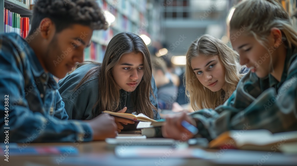 University students sitting together at table with books and laptop. Happy young people doing group study in library. University students sitting together at table with books and laptop. Happy young people doing group study in library.