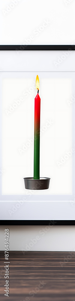 A single red and green candle burning brightly in a black holder against a white background. A single red and green candle burning brightly in a black holder against a white background.