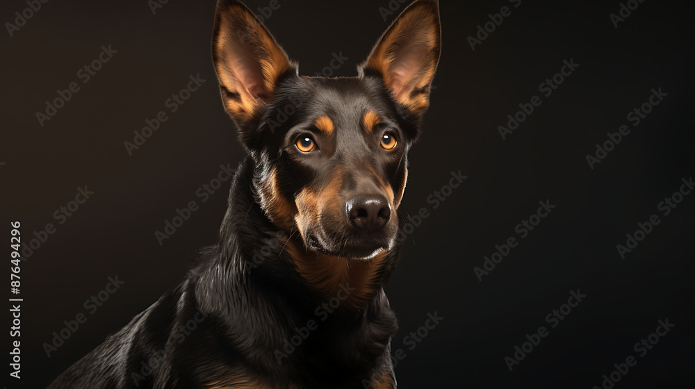 Fototapeta premium A studio portrait of a serious and loyal Australian shepherd dog with dark fur and bright amber eyes, looking off to the side on a dark background