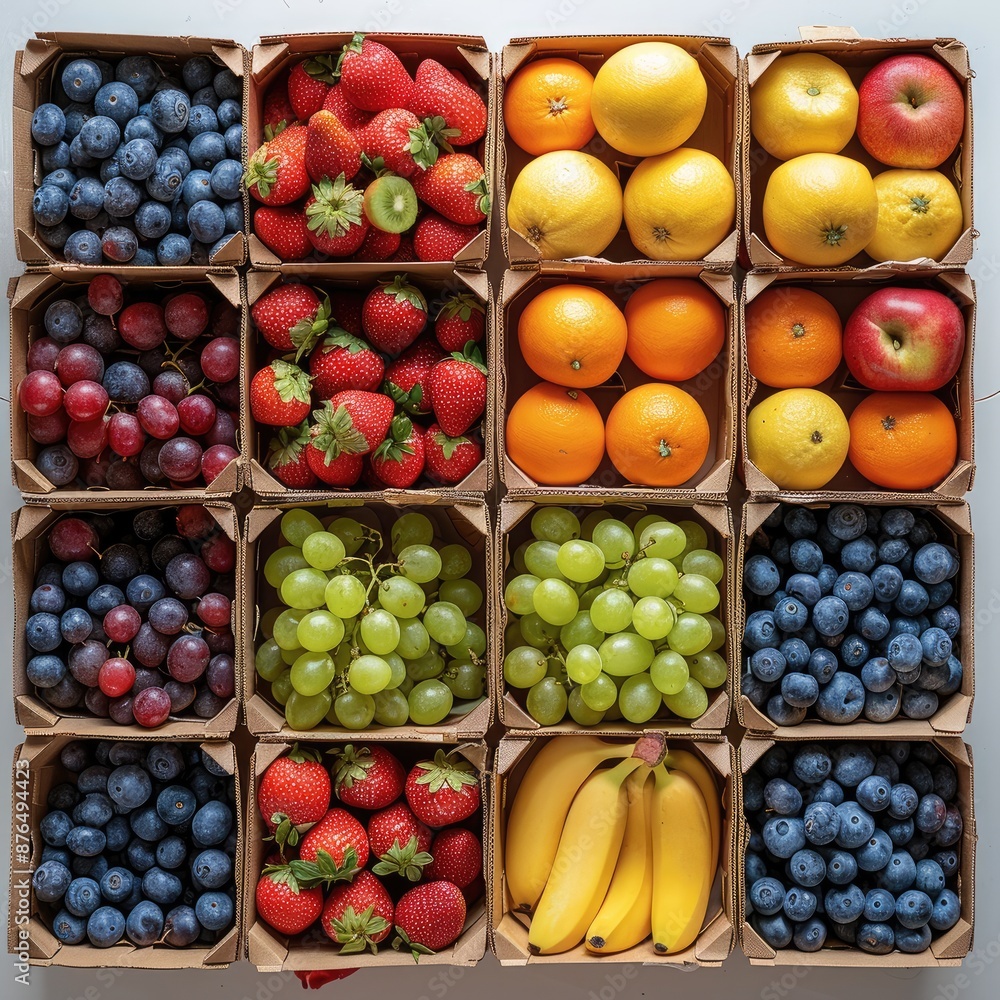 The kraft paper carton packaging has partitions of different sizes, and each partition contains different fruits, white background. Generative AI. The kraft paper carton packaging has partitions of different sizes, and each partition contains different fruits, white background. Generative AI.