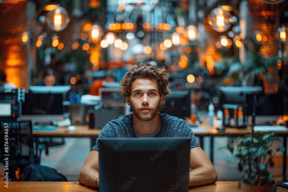 Fototapeta premium Man Working Late In Office. Generative AI