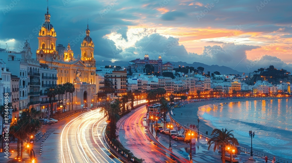 Fototapeta premium Sunset Glow Over Coastal City. Generative AI