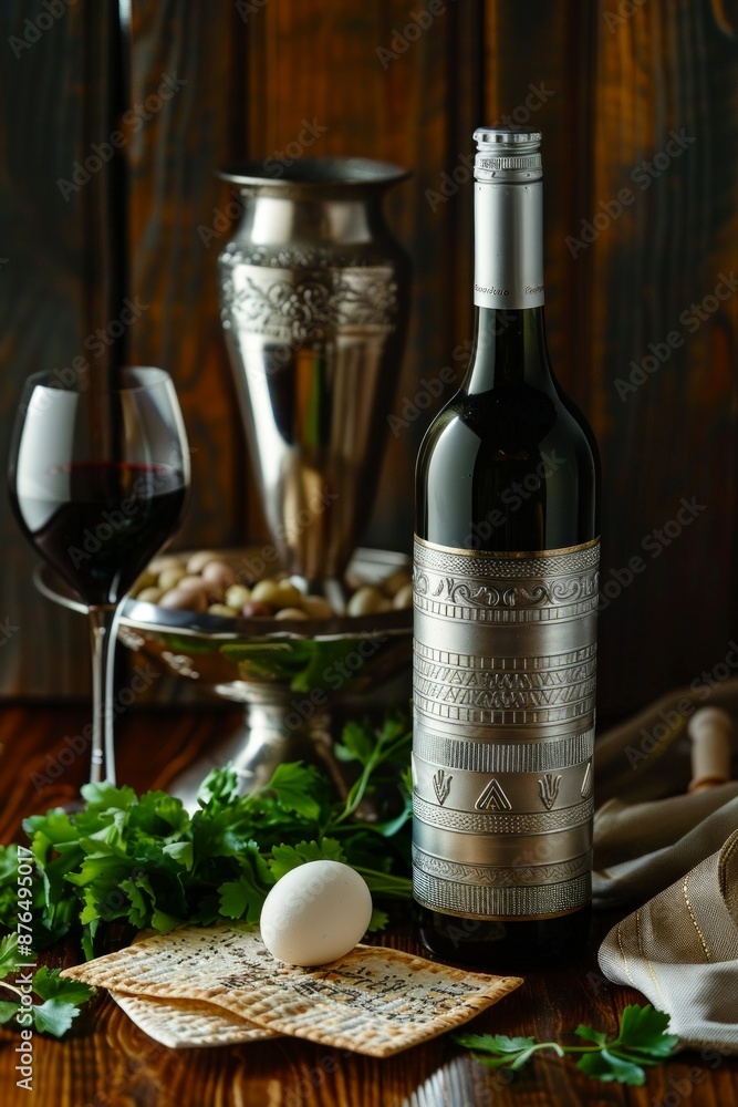 Naklejka premium Traditional Passover table setting: silver kearah, wine, matzo, egg, greens Warm, cozy evening