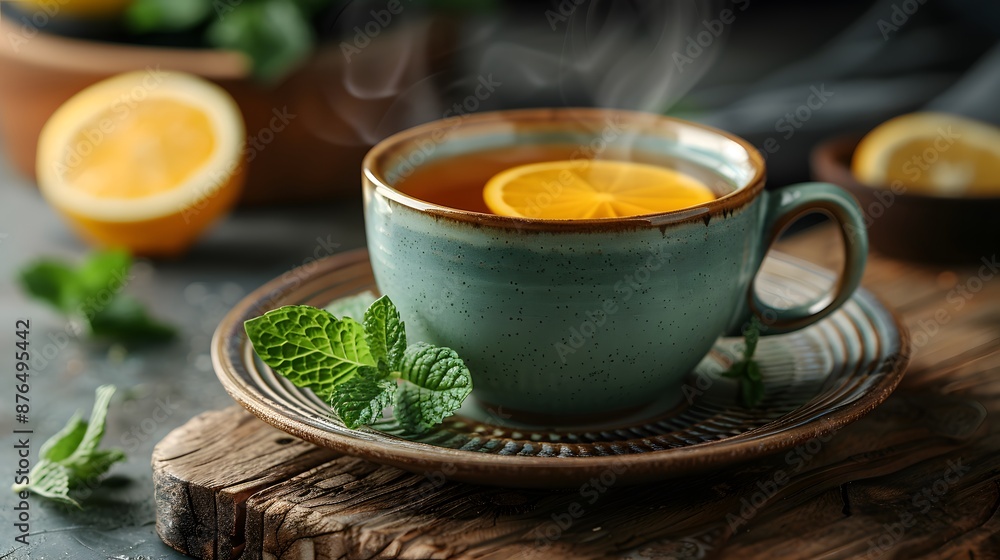 A cup of tea with a slice of lemon in it sits on a wooden table, generative AI A cup of tea with a slice of lemon in it sits on a wooden table, generative AI
