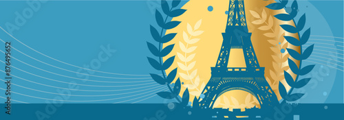 Paris , Eifel tower surrounded by laurel wreath, victory, sports - blue vector background with empty space for text, banner