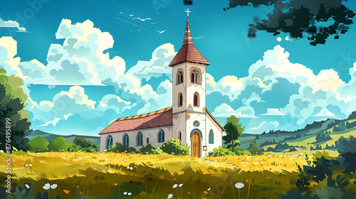 Cartoon Style Painting of Church Aspect 16:9
