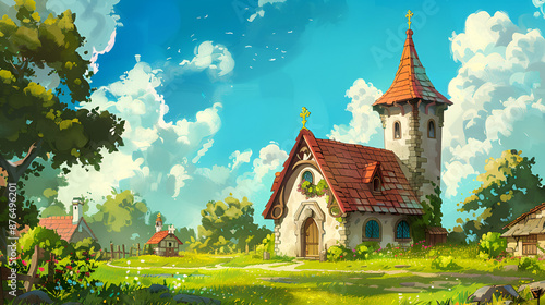 Cartoon Style Painting of Church Aspect 16:9 photo