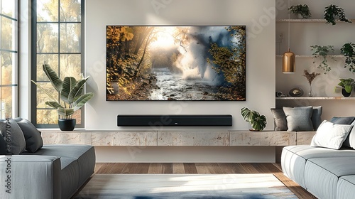 A flat screen television on the wall of an elegant living room, with a sleek and modern design and a black soundbar below it. Generative AI.