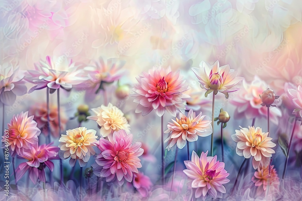 Field Of Pastel Dahlias In Soft Light Field Of Pastel Dahlias In Soft Light