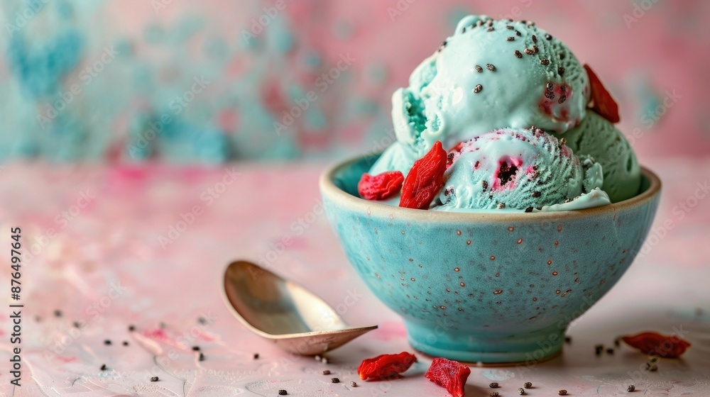 Blue Ice Cream with Chia Seeds and Goji Berries. A bowl of vibrant blue ice cream garnished with chia seeds and goji berries, served with a vintage spoon on a textured blue background Blue Ice Cream with Chia Seeds and Goji Berries. A bowl of vibrant blue ice cream garnished with chia seeds and goji berries, served with a vintage spoon on a textured blue background