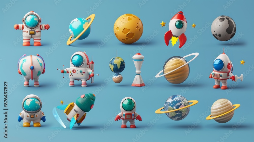 Space 3D icon set featuring whimsical representations of astronauts, planets, satellites, rockets, UFOs, and comets. Space 3D icon set featuring whimsical representations of astronauts, planets, satellites, rockets, UFOs, and comets.