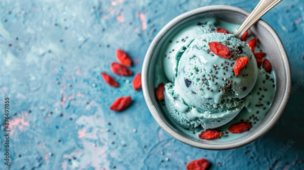 Blue Ice Cream with Chia Seeds and Goji Berries. A bowl of vibrant blue ice cream garnished with chia seeds and goji berries, served with a vintage spoon on a textured blue background Blue Ice Cream with Chia Seeds and Goji Berries. A bowl of vibrant blue ice cream garnished with chia seeds and goji berries, served with a vintage spoon on a textured blue background