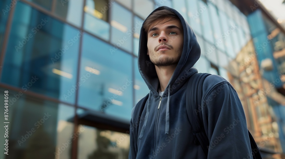 Young Man Hoodie Urban Style Modern Architecture Background Young Man Hoodie Urban Style Modern Architecture Background
