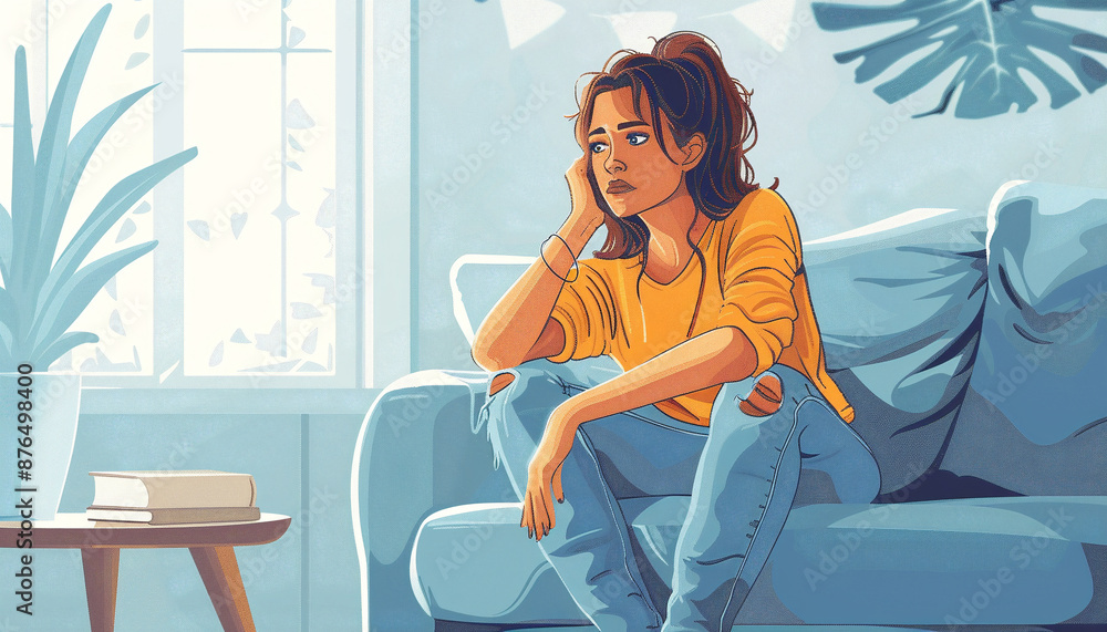 Concept Burnout - Illustration of a person in comic style sitting thoughtfully, sadly and frustrated on a couch Concept Burnout - Illustration of a person in comic style sitting thoughtfully, sadly and frustrated on a couch