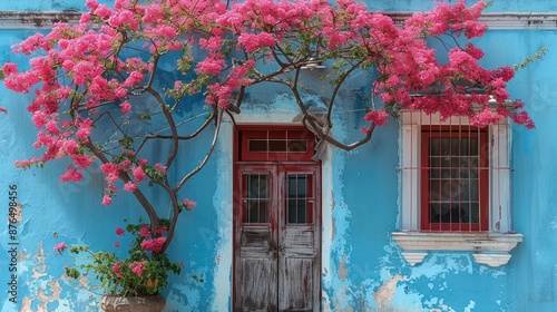 Fototapeta Naklejka Na Ścianę i Meble -  Colorful blooming bougainvillea in front of an old, blue house with peeling paint and cracked walls on the island. Generative AI.