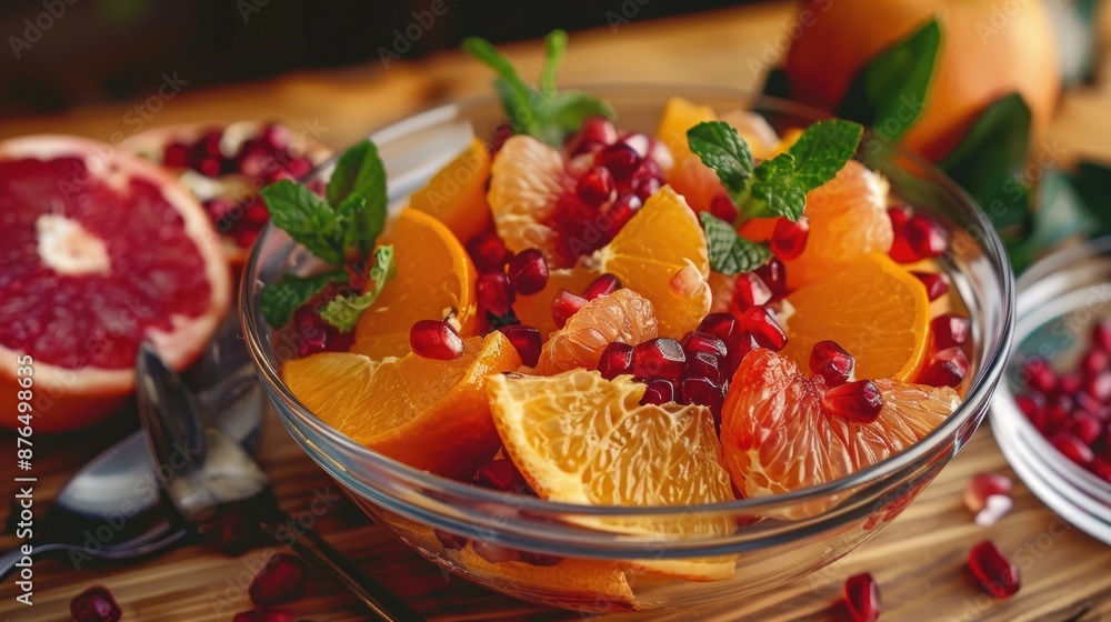 A vibrant glass bowl filled with fresh citrus slices, pomegranate seeds, and mint leaves, arranged on a rustic wooden table A vibrant glass bowl filled with fresh citrus slices, pomegranate seeds, and mint leaves, arranged on a rustic wooden table