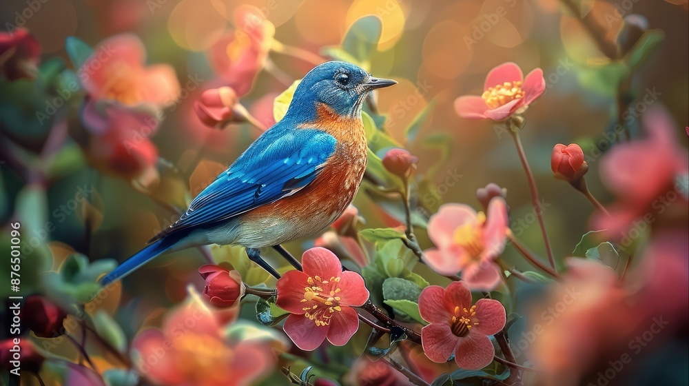 A vibrant garden with a bluebird perched on a blooming flower, rich greenery, and colorful blossoms. Generative AI. A vibrant garden with a bluebird perched on a blooming flower, rich greenery, and colorful blossoms. Generative AI.