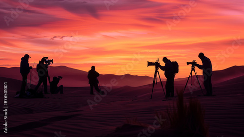 Photographers setting up cameras to capture the vibrant hues of a stunning desert sunset with silhouettes of dunes in the foreground