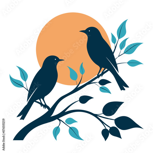 Birds on Branches Sunlit Silhouette Vector Illustration © Mosharef 