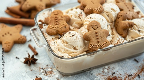 Delicious gingerbread ice cream topped with star anise, cinnamon, and gingerbread cookies, served in a white dish, perfect for a festive holiday treat