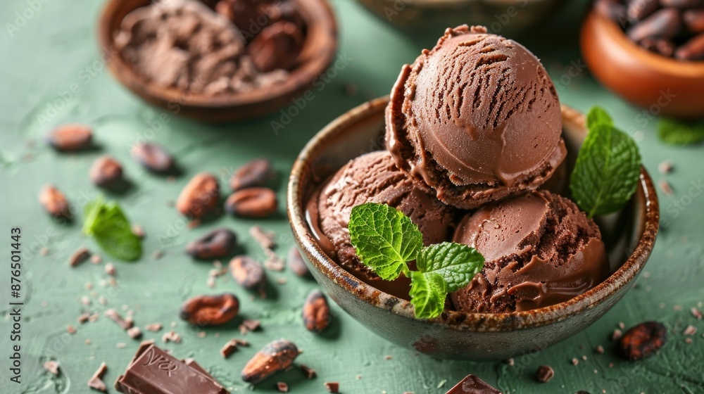 Indulgent chocolate ice cream in a bowl, surrounded by mint leaves and cocoa beans, set against a textured green background, creating a luxurious dessert scene Indulgent chocolate ice cream in a bowl, surrounded by mint leaves and cocoa beans, set against a textured green background, creating a luxurious dessert scene