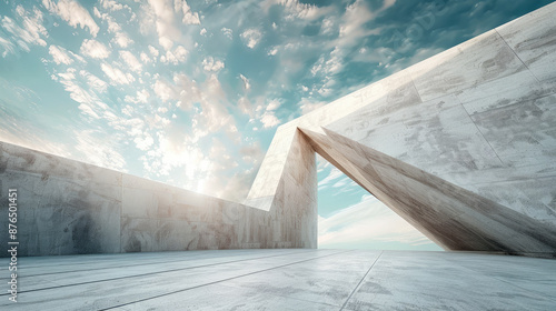 Modern concrete building exterior on blue sky background, abstract futuristic white architecture in summer. Theme of future, minimalist design, construction, structure photo